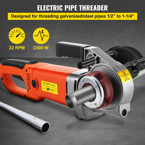 VEVOR 2300W Electric Pipe Threader Machine With Four Dies For 1/2 To 1 1/4 Inch Pipes, showing copper motor and threads.