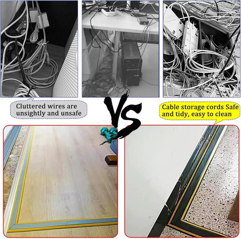 Comparison of cluttered cords vs neat setup using Heavy Duty Wire Protector Tubing With Non Slip Surface Stick-On Cable Covers