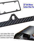 Carbon Fiber License Plate Frame Real Carbon Fiber Cloth Wrapped Holder Slim Black Stainless Steel Car Tag Cover With Screws Caps Rattle Proof Pad Four Hole Design One Pack showing 3D twill weave.