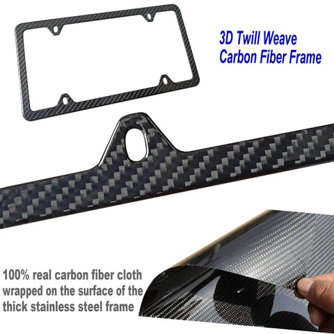 Carbon Fiber License Plate Frame Real Carbon Fiber Cloth Wrapped Holder Slim Black Stainless Steel Car Tag Cover With Screws Caps Rattle Proof Pad Four Hole Design One Pack showing 3D twill weave.
