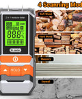 2 In 1 Pin And Pinless Wood Moisture Meter Digital Humidity Sensor Detector for wood, drywall, masonry shown with scanning modes