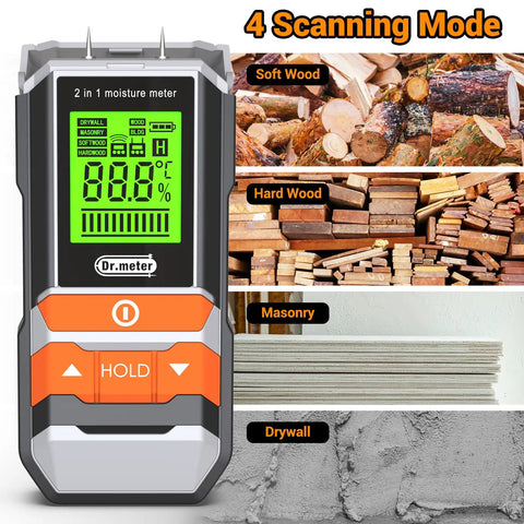 2 In 1 Pin And Pinless Wood Moisture Meter Digital Humidity Sensor Detector for wood, drywall, masonry shown with scanning modes