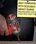 Side Mount Magnetic Bit Holder For Quarter Inch Hex Drill Bits boosts organization on M12 GEN 2 impact driver with bits attached.