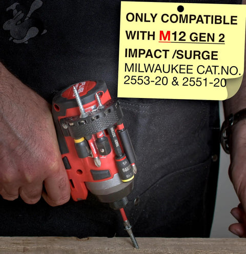 Side Mount Magnetic Bit Holder For Quarter Inch Hex Drill Bits boosts organization on M12 GEN 2 impact driver with bits attached.
