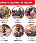 Kids First Aid Kit 246-Piece Bundle For Travel, Home, And Car Emergency Needs shown in various everyday scenarios