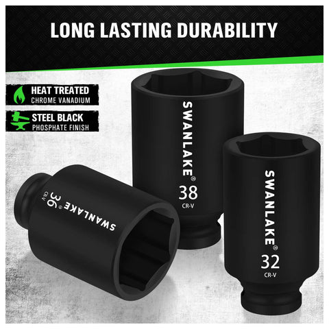 Beefy 9-Piece Half Inch Impact Axle Nut Socket Set, Deep Metric Sockets 29mm 30mm 31mm 32mm 33mm 34mm 35mm 36mm 38mm, 6-Point, CR-V Steel, Heavy-Duty Wheel Nut Sockets showing heat treated CR-V steel sockets with phosphate finish