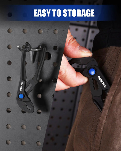 Tiny But Mighty 4 Inch Water Pump Pliers With 15 Position Push Lock V Jaw Groove Joint Pliers stored on wall hook and pocket