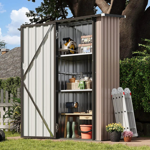 Vertical Outdoor Storage Cabinet Shed With Floor, Space Saving Design, Two Adjustable Shelves, Lockable Doors, open view
