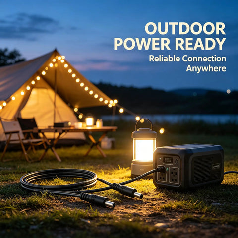 Big Rig 12V Male To Male Power Lead Featuring 5.5X2.1Mm Tips connecting outdoor power devices by a tent.