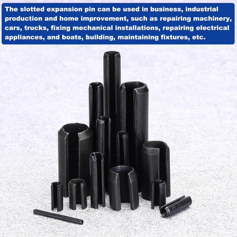 Slotted Split Roll Pins Pack Of 120, 3 Mm Diameter By 35 Mm Length, 65Mn Steel Heavy Duty Expansion Dowels, black, displayed on surface