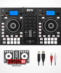 Top view of Party-Ready Portable 2-Deck DJ Controller With LCD Display USB Audio Mic Input Record Output 16 Performance Pads Manual Looping Plug-And-Play Setup Includes Virtual DJ LE Software Download with cables and software logo
