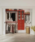 Rock Solid Hardwood Reach In Closet System With Six Smooth Glide Drawers And Dead Simple Cut To Fit Panels Offering Ten Foot Flexible Build And Rich Red Mahogany Finish For Max Capacity Goals with clothes organized.