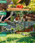 Four images showing garden activities: harvesting vegetables, indoor plant care, greenhouse with potted plants, and lawn maintenance.