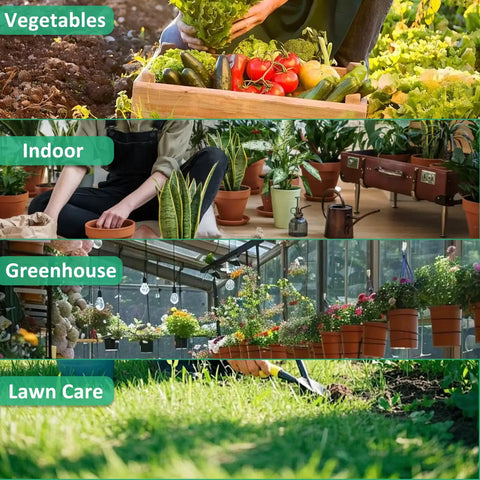 Four images showing garden activities: harvesting vegetables, indoor plant care, greenhouse with potted plants, and lawn maintenance.