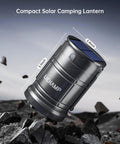 Close-up of a solar camping lantern showing dimensions, 5.1 inches tall, 3.4 inches wide. Four Pack Solar Camping Lanterns USB Rechargeable LED Lanterns Portable Battery Powered Lights With Three Modes For Power Outages Emergency Prep Indoor And Outdoor Use.