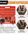 Tolneek 55-in-1 bearing puller kit in red case with copper-tone pullers and handles, front view