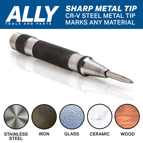 Heavy Duty Automatic Center Punch Set For Metal By ALLY Tools with hardened steel punch on reflective surface.