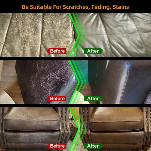 Before and after comparison of couches using Heavy Duty Leather Recoloring Balm And Scratch Repair Kit For Couches.