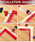 Installation guide for 8-Piece Corner Clamps For Woodworking Precision CNC Aluminum 90 Degree Kit with red clamps in steps.