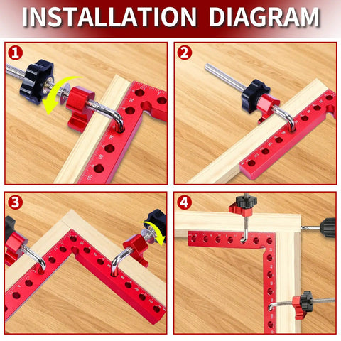 Installation guide for 8-Piece Corner Clamps For Woodworking Precision CNC Aluminum 90 Degree Kit with red clamps in steps.