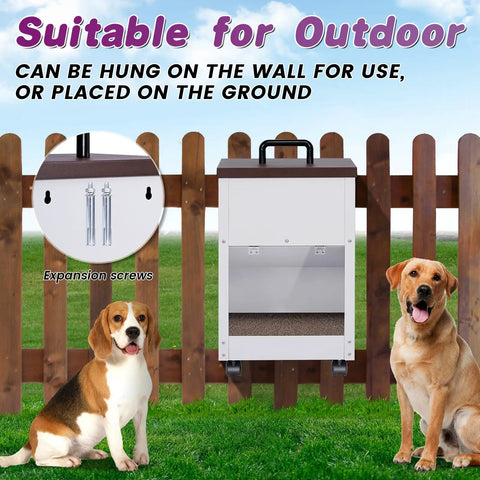 Heavy Duty Gravity Dog Feeder For Large Breeds Outdoor Auto Food Dispenser Galvanized Steel on grass with dogs.