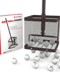 No Bend Golf Ball Picker Upper With Turf Friendly Design For Backyard Practice And Training Quick Ball Retrieval Large Capacity Holder Easy On The Lawn Classic Black shown with golf balls and packaging