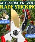 Close-up of 8.5 Inch Titanium Bypass Pruning Shears, Japanese Grade High-Carbon Steel Blades near plants with sap groove feature.