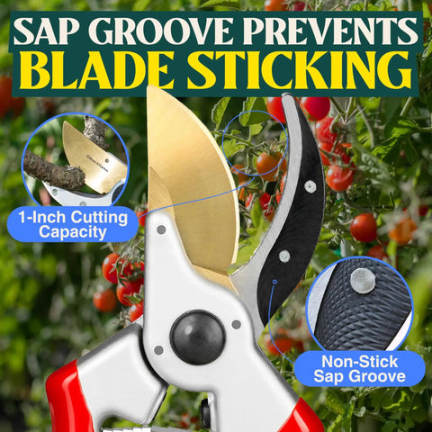 Close-up of 8.5 Inch Titanium Bypass Pruning Shears, Japanese Grade High-Carbon Steel Blades near plants with sap groove feature.