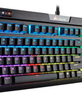 Top Tier Mechanical Gaming Keyboard With Butter Smooth Cherry Red Linear Keys And Killer Per Key RGB Backlighting For Your PC Rig showing colorful keys and USB passthrough.