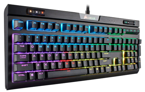 Top Tier Mechanical Gaming Keyboard With Butter Smooth Cherry Red Linear Keys And Killer Per Key RGB Backlighting For Your PC Rig showing colorful keys and USB passthrough.