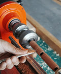 Close-up of Crush Complex Turns On Your Lathe With This Badass ER32 Collet Chuck Kit in use on wood lathe.