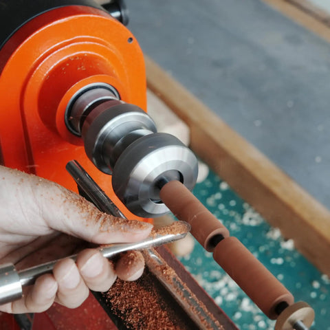 Close-up of Crush Complex Turns On Your Lathe With This Badass ER32 Collet Chuck Kit in use on wood lathe.