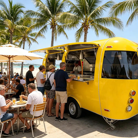 Kickass Commercial Stainless Steel Food Trailer With Integrated Air Conditioning Heavy Duty Mobile Kitchen Rig serving food at beach.
