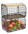 Keep Your Counters Tight With This Solid Stackable Wire Basket Set Designed To Sweep Up Kitchen Clutter While Offering Plenty Of Room For Sorting Fresh Produce Spices And Snacks. Black metal stackable wire baskets with bamboo top, holding fresh apples and pears.