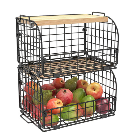 Keep Your Counters Tight With This Solid Stackable Wire Basket Set Designed To Sweep Up Kitchen Clutter While Offering Plenty Of Room For Sorting Fresh Produce Spices And Snacks. Black metal stackable wire baskets with bamboo top, holding fresh apples and pears.
