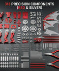 Metal Dragon 3D Model Kit for Adults Boss Level Build parts displayed; red and silver precision components, tools included.