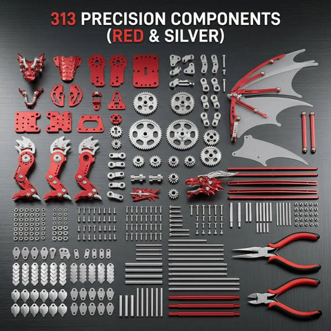 Components of 3D Dope Metal Dragon Model Kit For Adults And Builders with red and silver parts on black background.