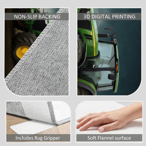 Features of Cozy 5x6 Foot Non Slip Area Rug With Soft Plush Texture showing non-slip backing, 3D digital printing, and soft flannel surface.