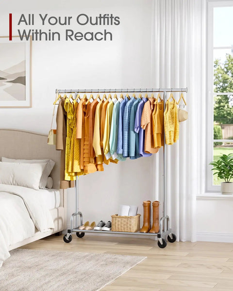 Heavy Duty Metal Clothes Rack With Sure Grip Lockable Wheels, Extendable Rod To Max Out Your Storage, Holds Every Fit You Own, Sleek Silver Design Keeps Small Bedrooms Or Entryways Clutter Free