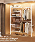 Wall Mounted Garment Rack and Closet System With Two Expandable Rods Six Adjustable Shelves Industrial Pipe Style Metal Shelving in White Heavy Duty Walk In Closet Organizer Easy Install Durable Clothes Storage Solution in a modern bedroom.