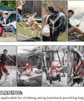 Collage showing carabiner use with camping and backpacks, warning not for climbing, swings, or hammocks