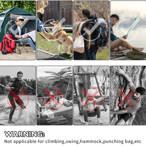 Collage showing carabiner use with camping and backpacks, warning not for climbing, swings, or hammocks