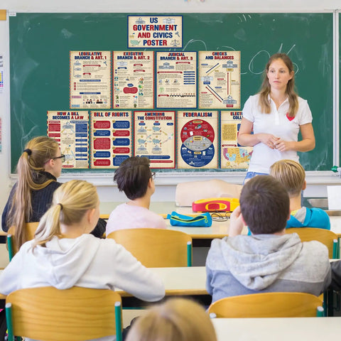 Teacher in classroom with US Government Poster Set For The Classroom 10 Pcs Social Studies Civics Wall Decor displayed on wall