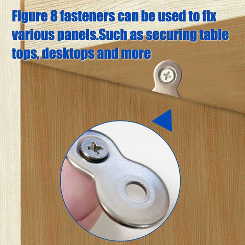 Heavy Duty Figure 8 Fasteners Set With Screws For Desk And Table Top Connectors 12 Gauge Zinc Plated Steel installed on wood