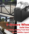 4 Inch V Groove Slide Gate Wheel With Dual Sealed Bearings Supports Up To 3000 Lbs Weld On Bracket Box For Sliding Rolling V Inverted Track Gates For Heavy Duty Commercial And Residential Use, shown installed on a sliding gate.