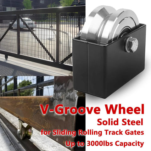 4 Inch V Groove Slide Gate Wheel With Dual Sealed Bearings Supports Up To 3000 Lbs Weld On Bracket Box For Sliding Rolling V Inverted Track Gates For Heavy Duty Commercial And Residential Use, shown installed on a sliding gate.