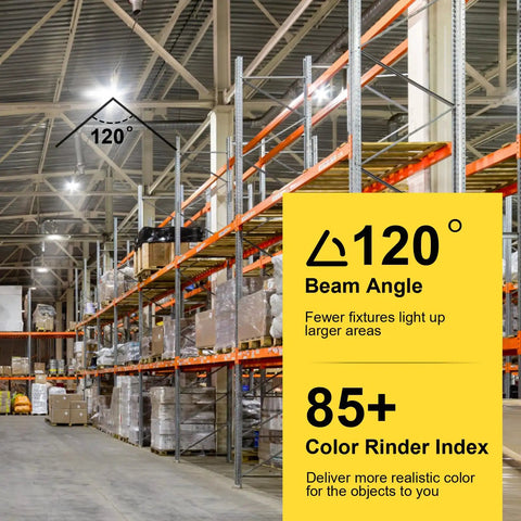 Ultra Bright 155W UFO LED High Bay Light With 22500 Lumen Output, 5000K Daylight, IP65 Waterproof, ETL Listed installed in warehouse