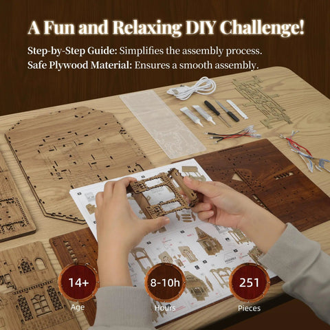 Hands assembling 3D Wood Puzzle Countryside Cottage Kit With Spark LED Lights DIY Miniature House Model For Adults Chill Rural