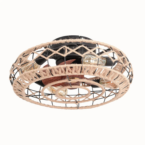 Woven Flush Mount Caged Ceiling Fan With Lights Remote Control 20 Inch Hemp Rope Rattan Enclosed Ceiling Fan Light 6 Speed