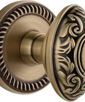 Privacy Door Knob Set With Vintage Brass Newport Rosette And Victorian Lever, 2 3/8 Backset, Standard 1 3/4 Inch Door, DIY Friendly Install